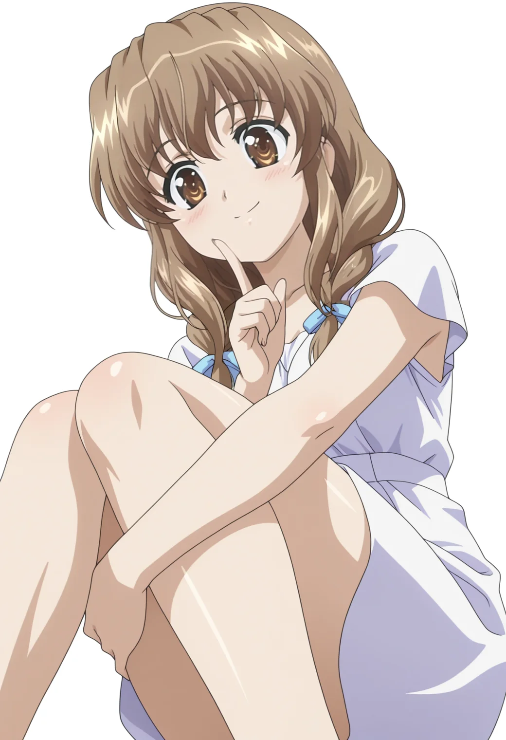 masterpiece, best quality, amazing quality, anime screencap, anime coloring, 1girl, solo, <lora:DX888HarukaIL:1> nogizaka haruka, brown hair, brown eyes, twin braids, har over shoulder, hair ribbon, white dress, BREAK white background, rainbow background, (simple background:1.2) BREAK (dynamic pose:1.2), smile, blsuh, index finger raised, fetal position, from below,