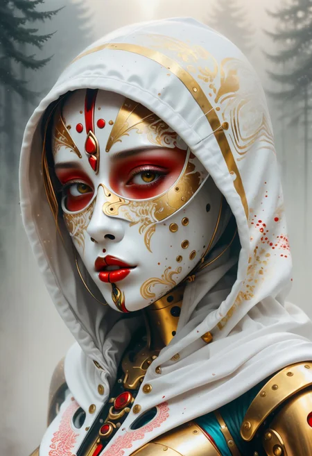 bright, atmospheric atmosphere. Glitch art background. metallic textures. Contrast with gold, white and a hint of red. Smeared paint and scratches. Artwork. female person. female person covered by a hood. Mystery and isolation. Hood is white, with complex patterns. golden mask with delicate feminine patterns. foggy background. photorealistic style, feeling of depth and realism. harmonious and loving atmosphere. Elements of nature and love with a touch of surrealism
perfection style, vivid colors, colorful, art by mooncryptowow, from side,