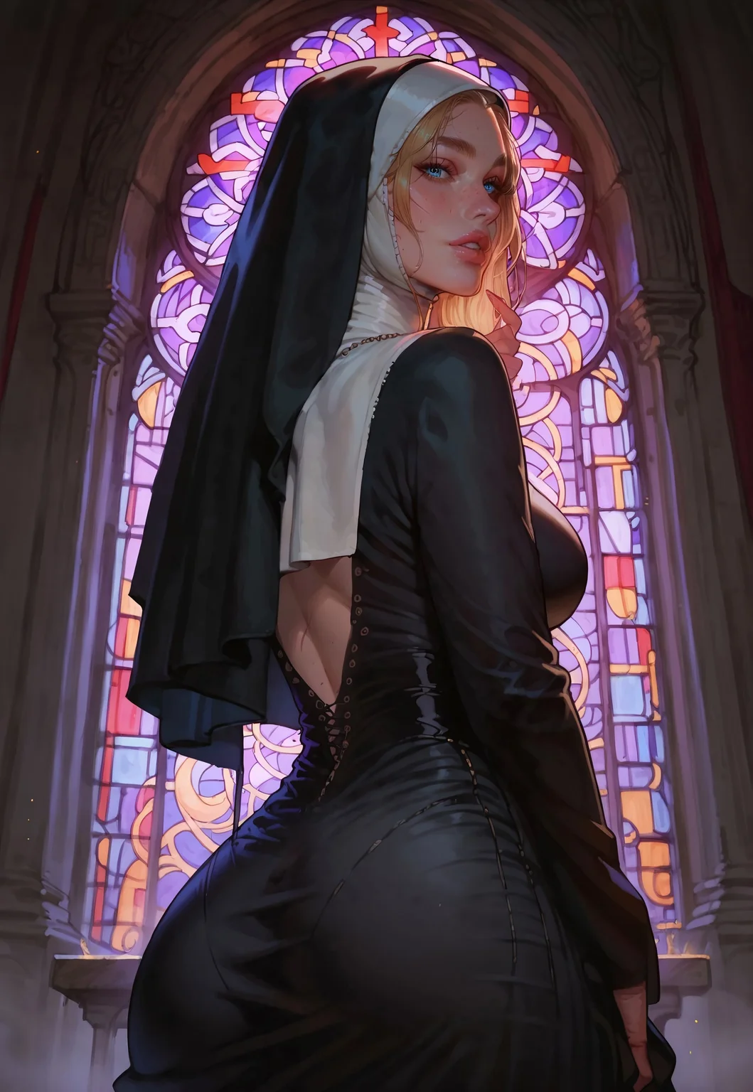 safe_pos, score_9, score_8_up, score_7_up, 43stl1ght1ng, low light, dramatic lighting, 1girl, solo, nun, blue eyes, parted lips, seductive, from behind, looking at viewer, low angle