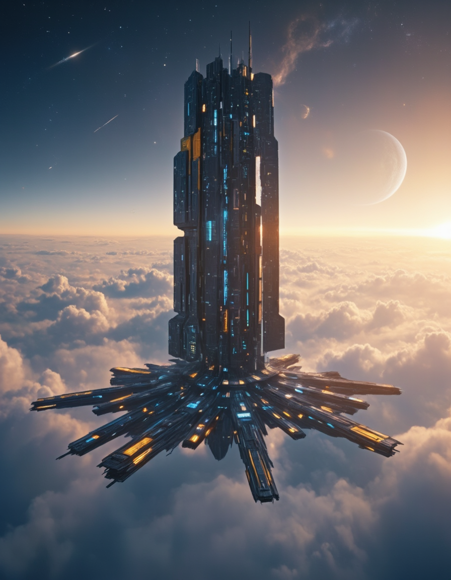 <lora:SW_Minis_3v2flux:1> A towering futuristic space station floating above a dense cloud layer. The station has a sleek, black metallic design with glowing blue and orange lights accentuating its structure. Its lower section expands into multiple symmetrical, mechanical arms, possibly acting as docking bays or stabilizers.
Above the station, a celestial sky is filled with stars, distant planets, and a sunset casting a golden glow over the scene. The clouds below resemble an endless ocean, making the station appear as if it's hovering between the sky and space.
The overall composition conveys a sense of advanced space exploration, with the architecture reflecting a high-tech, sci-fi aesthetic. The scene blends elements of cyberpunk and space opera, reminiscent of futuristic megastructures found in epic interstellar stories. swminis3all, Test2, anime