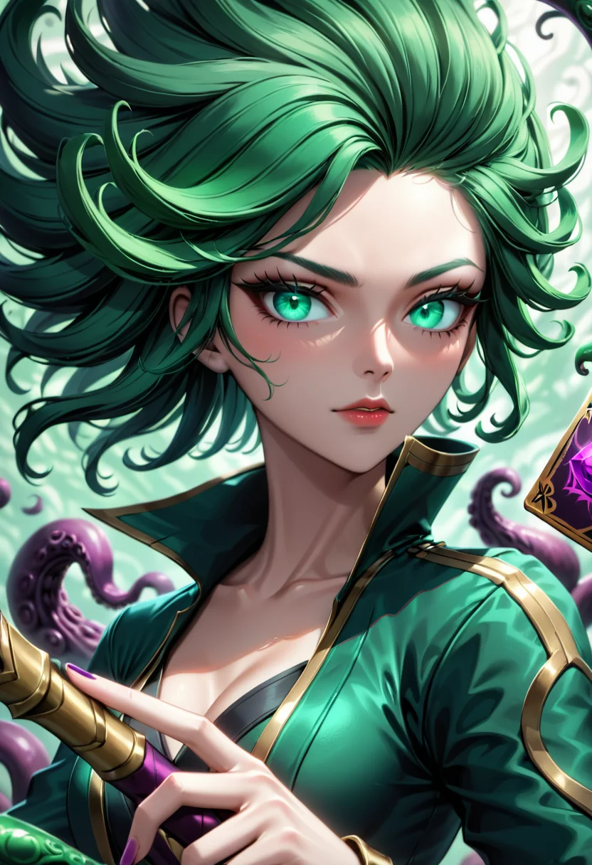 NSFW, erotic, perfect body, sexy, 20-years-old, high resolution, best quality, 4k, (detailed),woman with green hair,holding a sword,(Artgerm inspired),(pixiv contest winner),(octopus goddess),(Berserk art style),close-up portrait,goddess skull,(Senna from League of Legends),(Tatsumaki with green curly hair),card game illustration,thick brush,HD anime wallpaper,(Akali from League of Legends),resolution