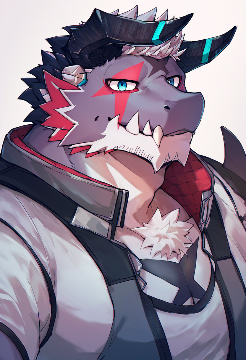 score_9, score_8_up, score_7_up, high quality, hires, solo, giansar, live a hero, furry, horns, muscular, short hair, facial hair, blue eyes, happy, cowboy shot, looking at viewer, <lora:Giansar_Live_a_hero:1>