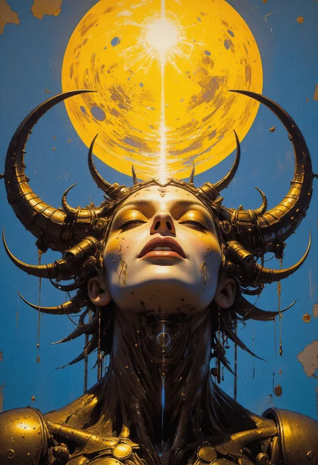Ophelia's dream, Low saturation color photography, vintage, grunge, top light, kristina navalnaya adult face, masterful painting in the style of Anders Zorn | Marco Mazzoni | Yuri Ivanovich, Todd McFarlane, Aleksi Briclot, oil on canvas, yellow sphere on blue background