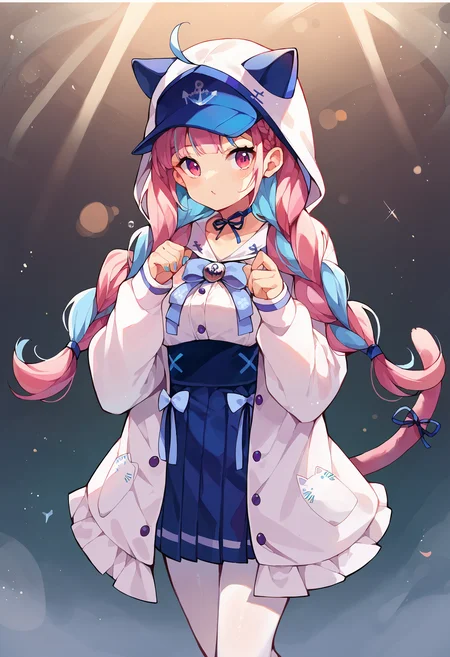 score_9, score_8_up, score_7_up, uncensored, source_anime, 1girl, <lora:spminatoAquaXLPony:1> aquasai, long hair, twintails, braid, twin braids, ribbon choker, blue choker, anchor hair ornament, high-waist skirt, blue skirt, pleated skirt, hat, baseball cap, white hoodie, animal hood, hood, hood up, blue bow, blue ribbon, anchor symbol, white pantyhose, blue nail polish, blue nails, cat girl, cat tail, tail ribbon