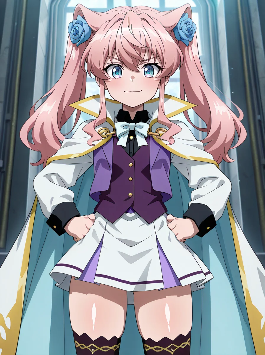 masterpiece, best quality, amazing quality, very aesthetic, absurdres, newest,shiny skin,  anime screenshot,  anime coloring   <lora:AnotherMaria:1>1girl, , pink hair, twintails,anothermariacasual, cape black_thighhighs,  black_shirt purple_vest  smile blue eyes, gold_chain, bowtie, white sleeves, hair flower,  skirt