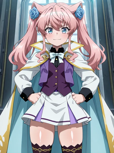 masterpiece, best quality, amazing quality, very aesthetic, absurdres, newest,shiny skin, anime screenshot, anime coloring <lora:AnotherMaria:1>1girl, , pink hair, twintails,anothermariacasual, cape black_thighhighs, black_shirt purple_vest smile blue eyes, gold_chain, bowtie, white sleeves, hair flower, skirt