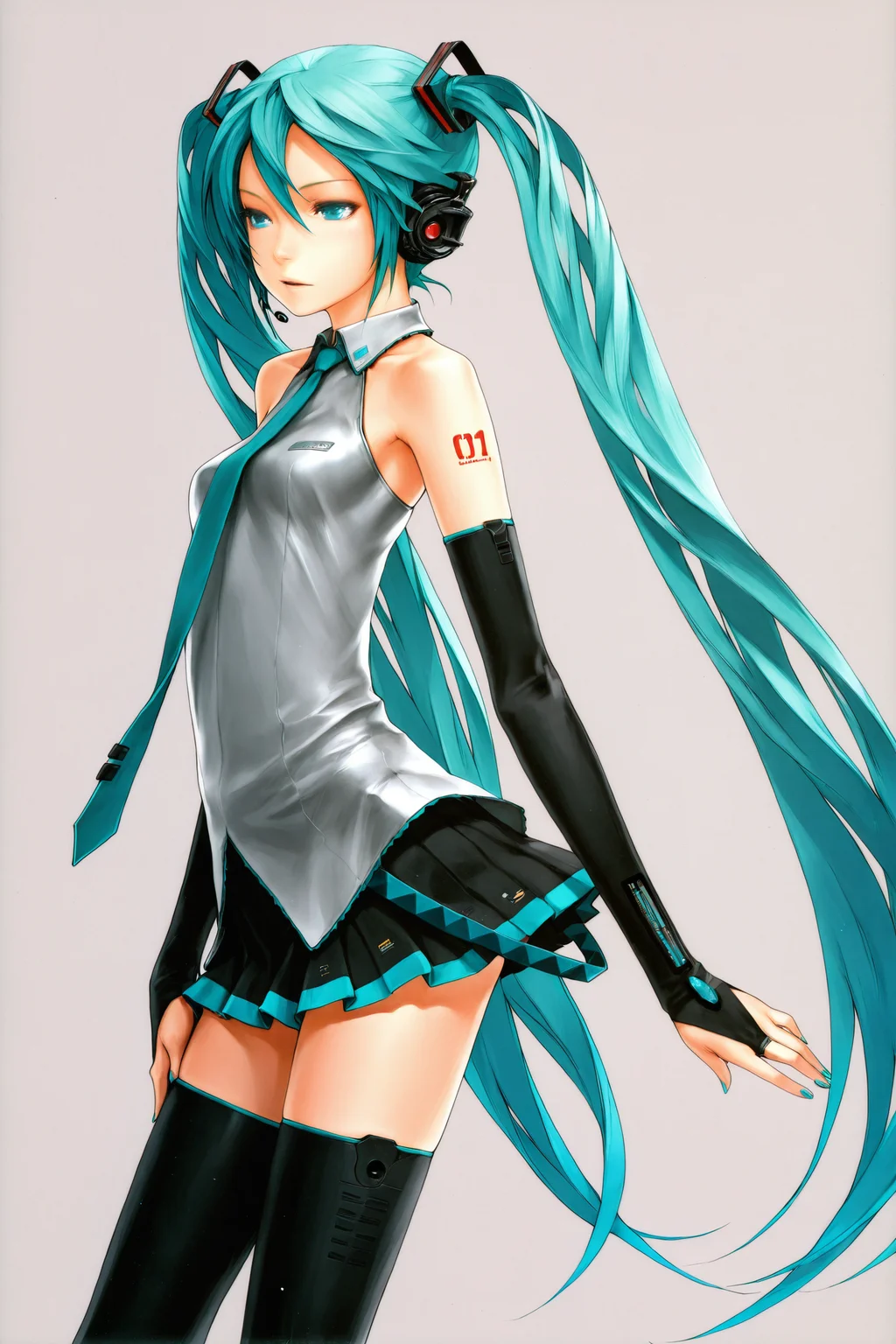 1girl,solo,hatsune miku,long hair,thighhighs,twintails,necktie,skirt,headphones,aqua hair,aqua eyes,very long hair,zettai ryouiki,detached sleeves,gloves,elbow gloves,bridal gauntlets,from side,
<lora:redjuice_illustriousXL:1>,