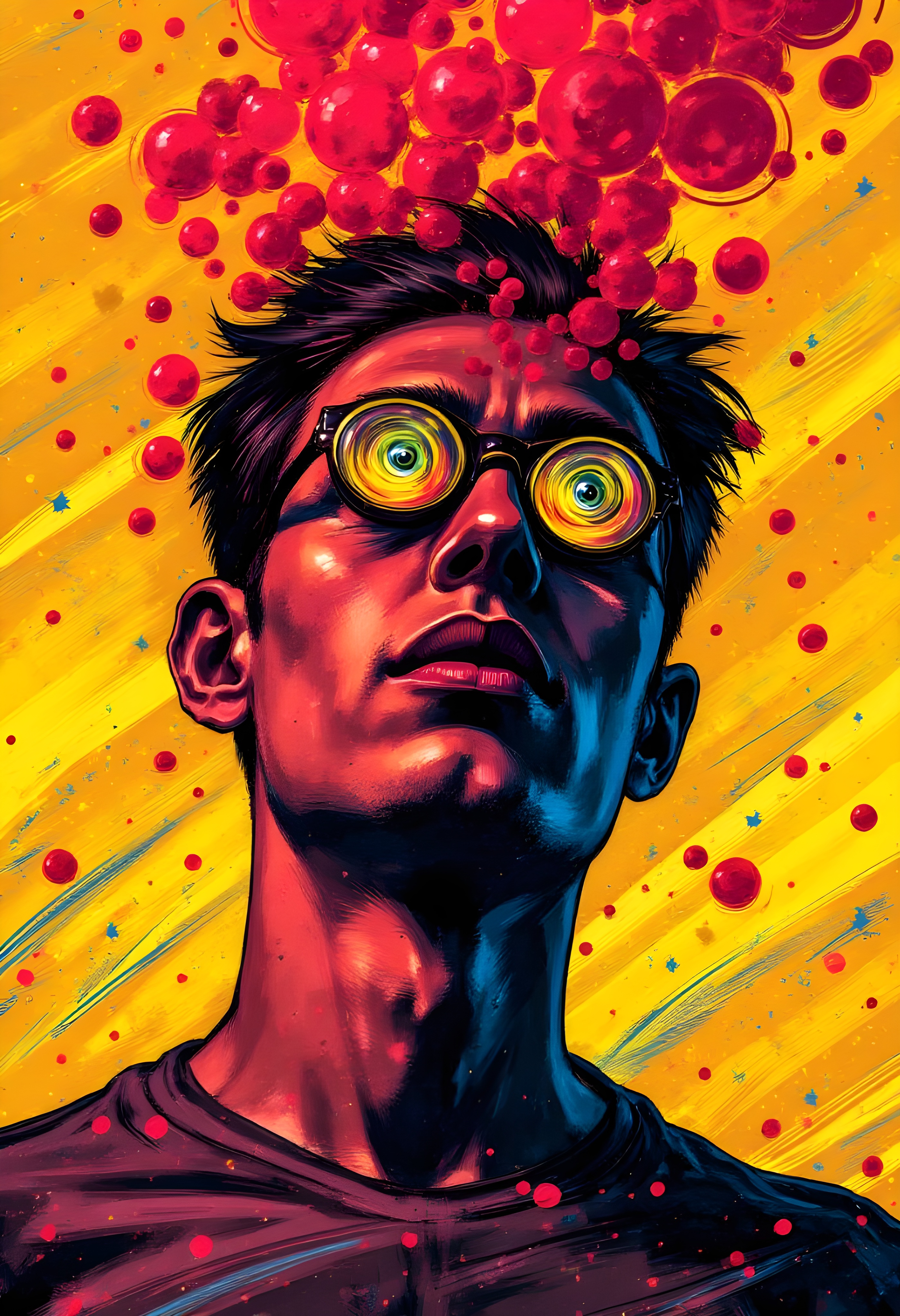 cinna flow, illustration art, red bubble floats, blue lines fall, upper-body, man, front, gaze, bright yellow swirling eyes, black and yellow with blue limit three colors, outline style, artistic, series, original. Very detailed, vibrant colors