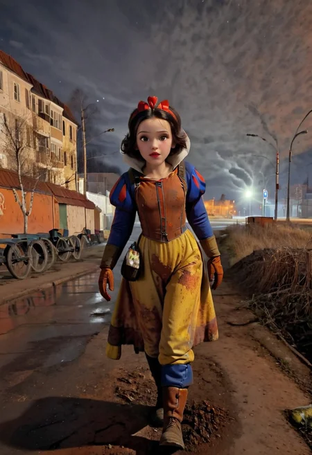 Rusted, rusted landscape, an adult Disney princess Snow White, wearing a Hazmat suit, walking on a side walk in a run down russian city, smoke, chem trails, extreme close-up, portrait, raw, masterpiece, extreme insanely realistic detailed and intricate, extreme realistic detail, doomer aesthetics, depressing feelings, night, panelka,vintage painting,painting,realism,