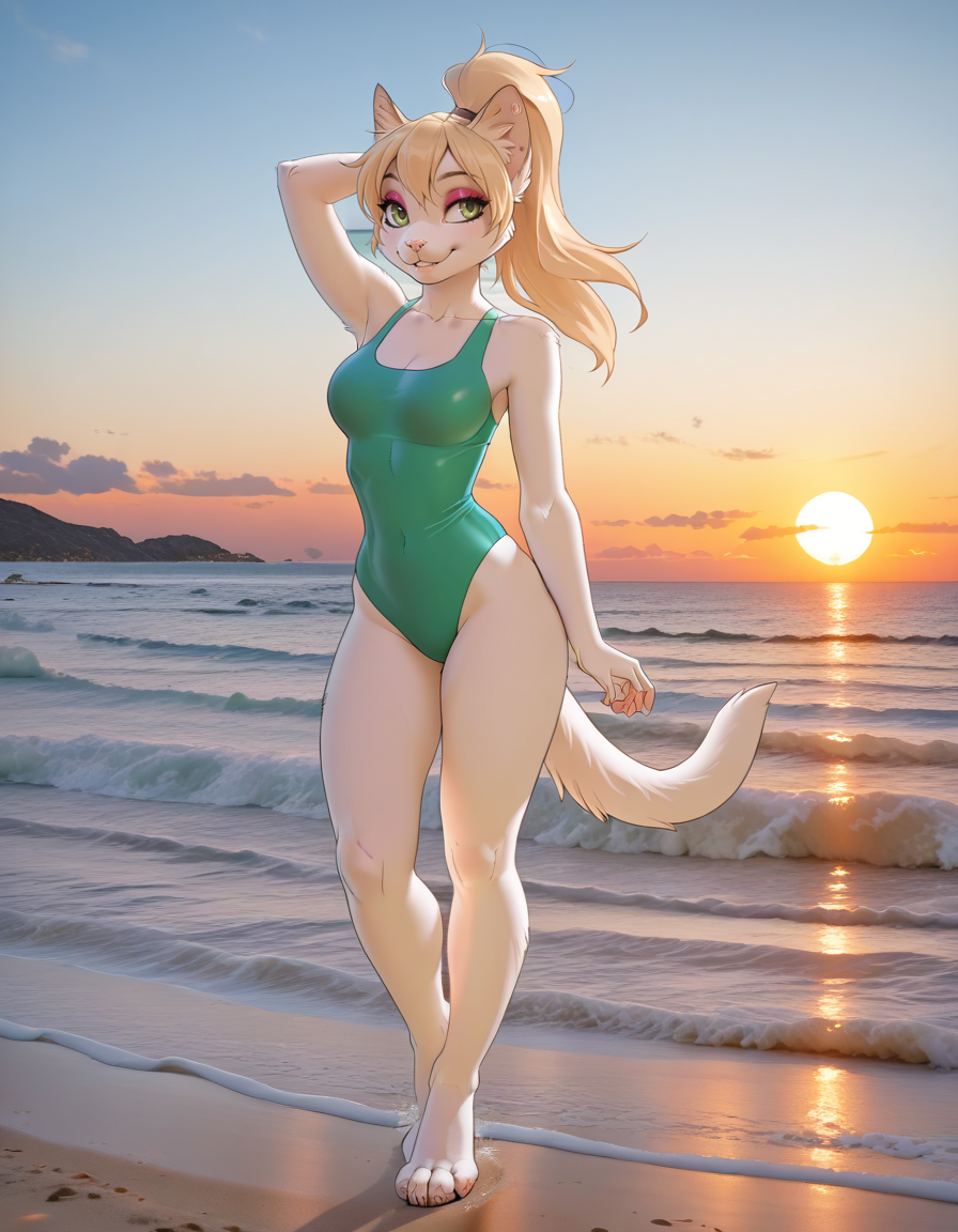 masterpiece, best quality,
outdoors,beach,sunset, full body,smile,long eyelashes,parted lips, swimsuit,pose,
<lora:Alisa_v01_ILXL:1>,
Alisa,1girl,solo,furry female,cat girl,green eyes,eyeshadow,animal ears,long hair,blonde hair,ponytail,cat tail,animal nose,body fur,white fur,snout,