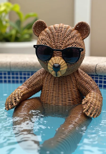 wkrstyle a bear, sitting in a jacuzzi, hotel teracce,