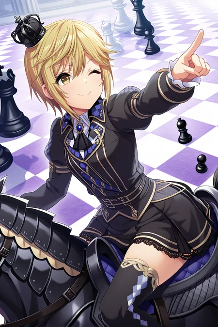 masterpiece, best quality, amazing quality,
 <lora:Nagisa_IL:1> nagisa, blonde hair, 1girl, riding, thighhighs, short hair, armored horse, yellow eyes, skirt, smile, solo, hat, horseback riding, one eye closed, argyle, pointing, long sleeves, black skirt, checkered floor, chess piece, black mini crown
