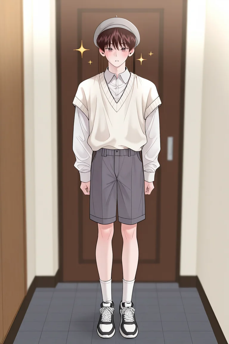 masterpiece, best quality, amazing quality, very aesthetic, high resolution, ultra-detailed, absurdres, newest, scenery, volumetric lighting, depth of field,anime screencap, , , 1boy, solo, male focus,<lora:yoil:0.90>,won yo il,dark brown hair,brown eyes,short hair,blush, shirt, long sleeves, hat, standing, white shirt, full body, parted lips, shorts, shoes, collared shirt, socks, sparkle, border,grey beret,shirt tucked in, white socks, sneakers, pale sweater vest, hand behind, grey shorts,looking at viewer,indoors