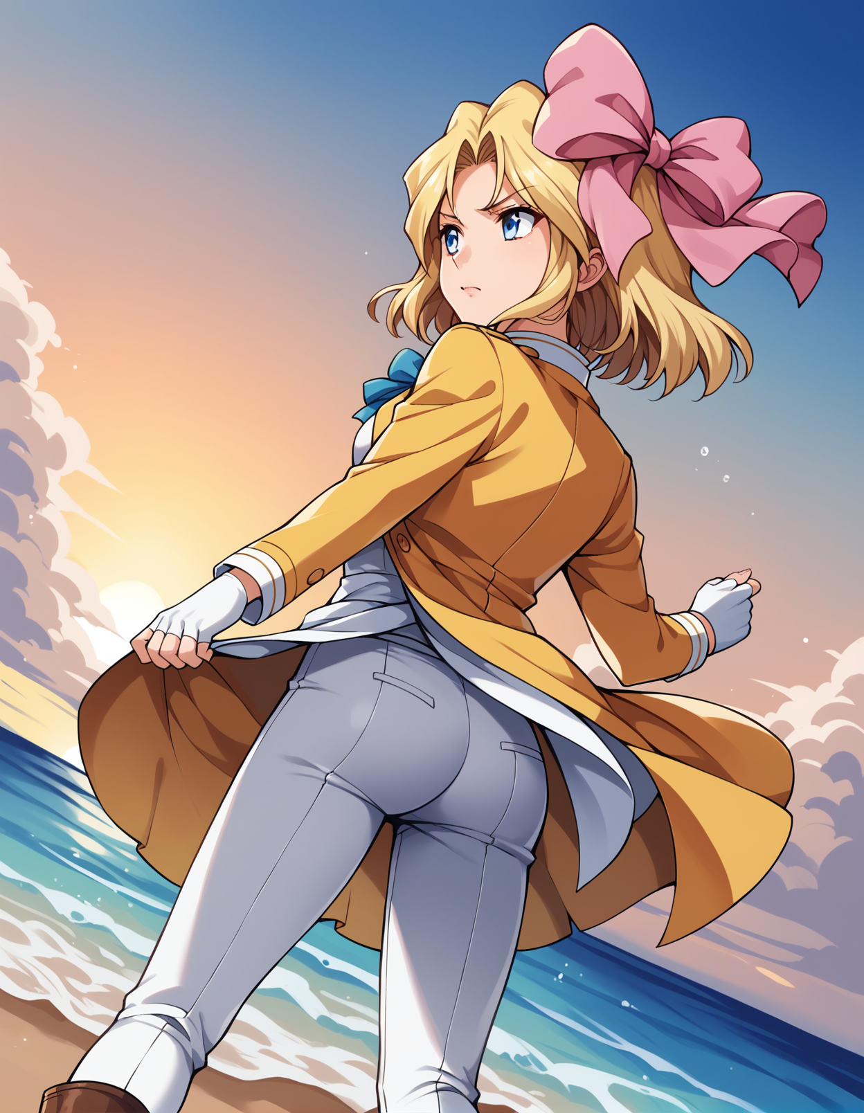 score_9, score_8_up, score_7_up, score_6_up, score_5_up, score_4_up, source_anime, rating_safe, BREAK <lora:irisXL_LoRA-C3Lier_AdamW_Dim16_Alpha16_UN-3e-4_TE-1.5e-4_6batch_ponyDiffusionV6XL_v6StartWithThisOne:1>, iris chateaubriand, 1girl, blonde hair, short hair, hair bow, blue eyes, pink bow, yellow tailcoat, coattails, back bow, white ribbon, fingerless gloves, white gloves, white pants, tight pants, boots, serious, from behind, dutch angle, looking away, sad, standing, sunset, ocean, gradient sky, cloud, horizon