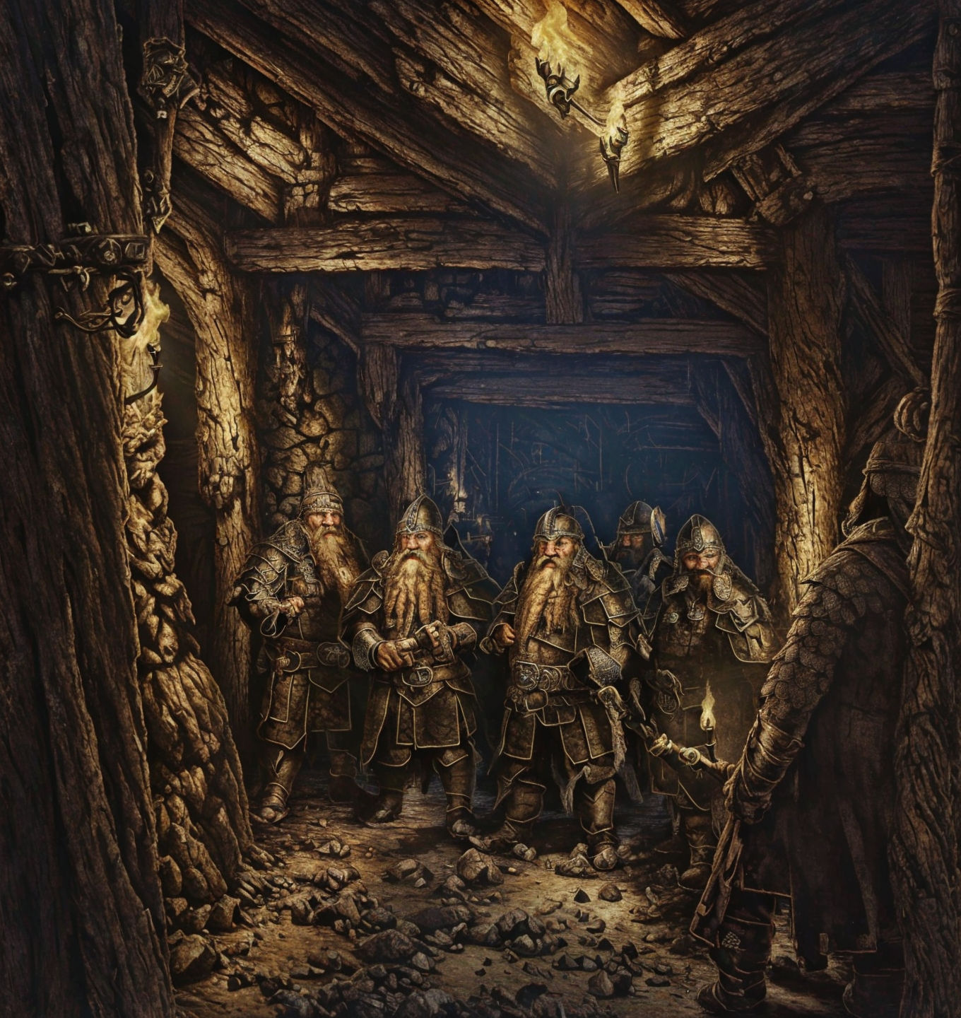 RAW photo, (masterpiece:1.3), subsurface scattering, heavy shadow, (high quality:1.4), (intricate, high detail:1.2), professional photography, HDR, High Dynamic Range, realistic, ultra realistic, photorealistic, high resolution, film photography, ambient lighting, atmospheric effects, <lora:detail_slider_v4:2>, OverallDetail,  a group of dwarves, long beard, wearing intricate armor, belt, cape, dwarfwarrior, <lora:DwarfWarrior:0.8>, in an abandoned fantasy medieval mine, stone walls and ceiling, torches, <lora:Underground_Mine:1>, undmi, epiCPhoto