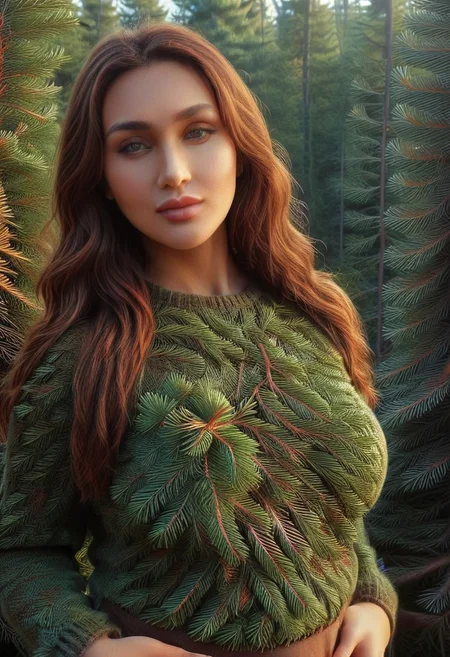 dawn, dark pine forest, colorful dress, perfect picture, (anatomically correct:1.6), score_9, score_8_up, score_7_up, score_6_up, score_5_up, score_4_up, UHD, 8K, masterpiece, detailed, ultra_high_resolution, lots of detail, OverallDetailXL, detailxl, Sci-fi Environments, epiCPhotoGasm-colorfulPhoto. style-empire, colorful style, 1woman, curvy, narrow waist, full lips, (red lips), flowing hair, (natural  eyes:1.3), full smile, (pinup pose), mature female, milf, motherly. 32 years old, fir needles, fir needle style, fir needle, long dress made out of fir needles, (fully dressed:2), (covered body:1.8), (fully covered breasts:1.5), high neck closure, add-detail-xl, short puffy sleeves, Cambodian woman, long hair, light brown hair, small waist, wide hips, high cheekbones, golden glow, (Auntie Flatts:1.6), (sweater made out of fir needles:2).