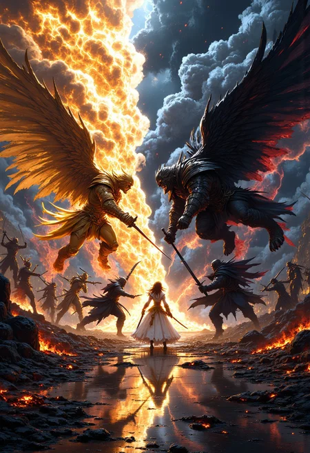 A cinematic scene of an epic war between light and darkness. On one side, radiant warriors in golden armor emerge from swirling fiery clouds, while on the other, shadowy figures in jagged obsidian armor rise from crackling storm clouds. At the center, a golden-robed woman wields a glowing staff, facing a dark-cloaked man gripping a jagged black sword. The reflective, battle-scarred ground mirrors the chaos, with swirling winds, glowing embers, and debris scattered across the battlefield. The clash of celestial light and stormy darkness creates a tense, dramatic atmosphere, embodying the raw power and emotion of their confrontation, NewFantasyCore, mythp0rt