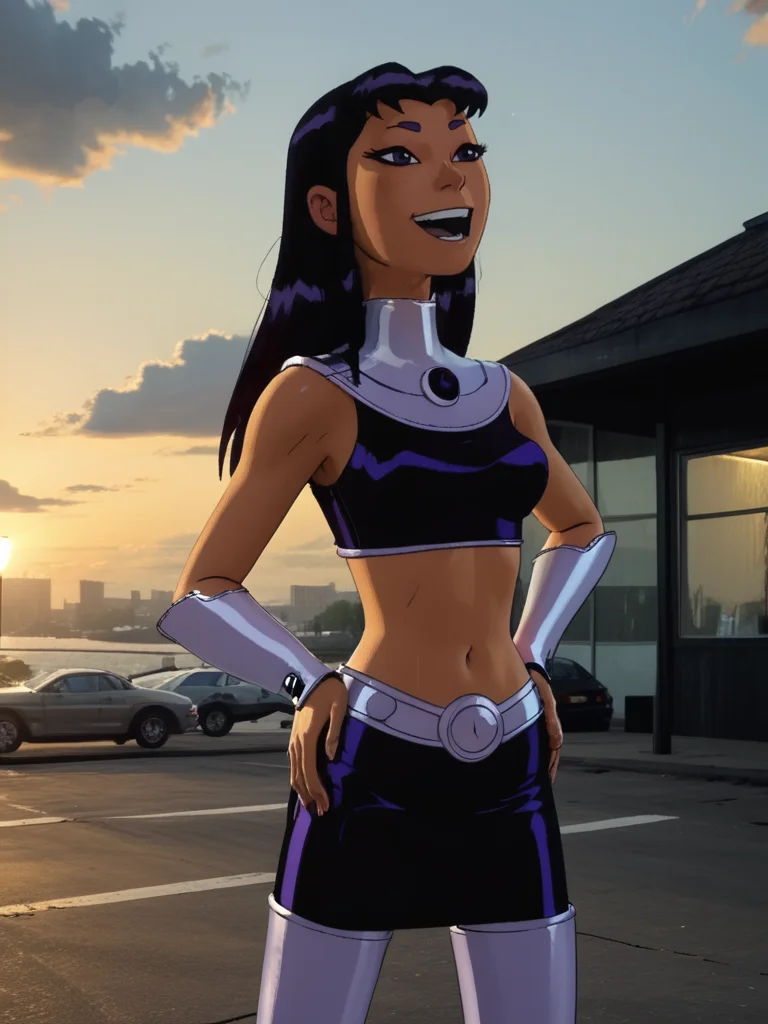 score_9, score_8_up, score_7_up, volumetric lighting,
blackfire, 1girl, long hair, smile, open mouth, black hair, hands on hips
<lora:teentitans_pony_v1:0.8>