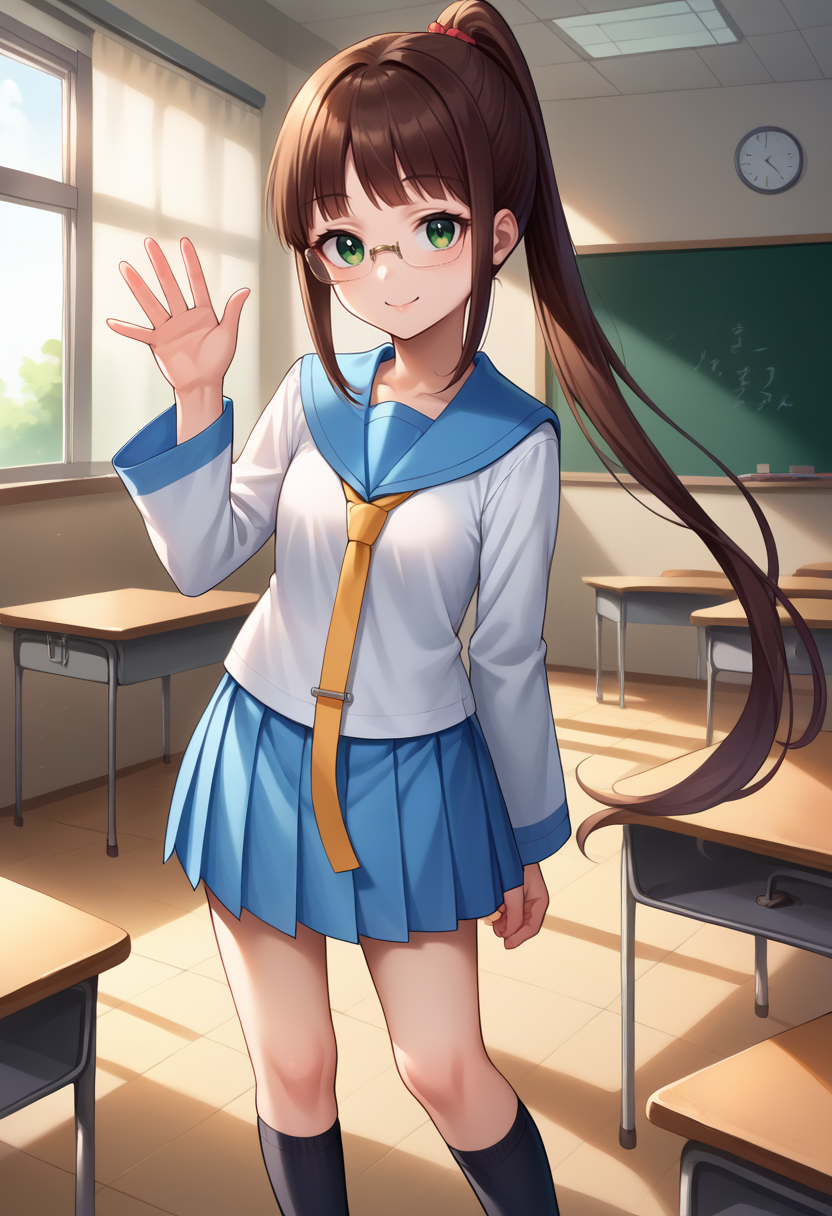 score_9, score_8_up, source_anime, 1girl, RuriMiyamoto, brown hair, bangs, very long hair, ponytail, green eyes, glasses, serafuku, long sleeves, blue sailor collar, yellow necktie, blue skirt, kneehighs, black socks, smile, indoors, classroom, waving at viewer, standing, <lora:ChamRuriMiyamotoPonyXL:1>