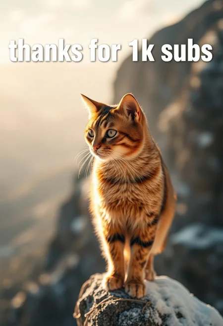 score_9, score_8_up, score_7_up, score_6_up,
At the top of the image bold white text spells out "thanks for 1k subs" Beneath the text, a photorealistic scene, cat, standing on the edge of a mountain, hyperdetailed photography, soft light, head and shoulders portrait, cover, view of beautiful mountains with forest,closer, portrait, closer angle, winter, snow,  detailed text, readable text, large text, huge font, text written on a computer, detailed winter,pureerosface_v1, FastNegativeV2, easynegative, ng_deepnegative_v1_75t