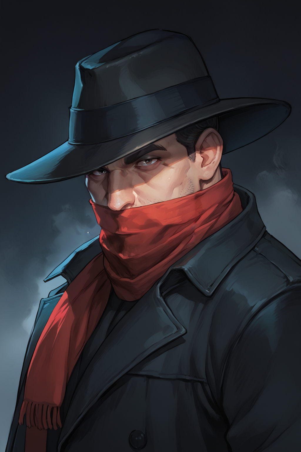 score_9, score_8_up, score_7_up, masterpiece, high quality, BREAK manly mature man, 40 years old
 <lora:The ShadowPonyLoRA:0.8>theshdw, scarf, mask, fedora, short hair, trench coat, at night, lighnting, very foggy,  black background, black red them, upper body, portrait, from side, looking at viewer, face zoom