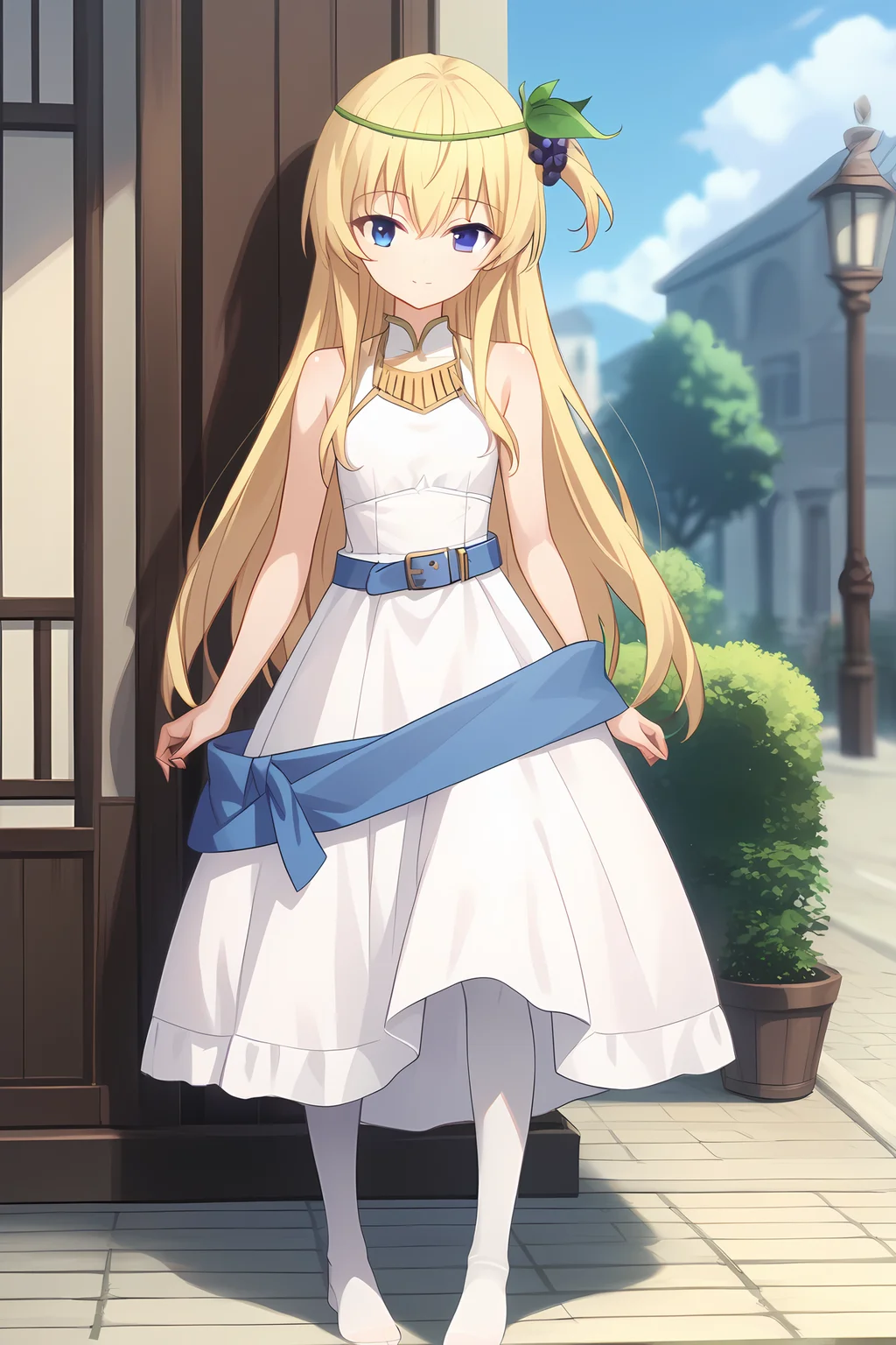 (long white dress blue belt white pantyhose:1.40), ks-iris, blonde hair, long hair, blue eyes, hair ornament, necklace, 1girl, solo, skinny, score_9, score_8_up, score_8, score_7_up, score_7, score_6_up, score_6, score_5_up, score_5, source_anime, (lewd:1.10), outdoors, (full body:1.20), (4koma:1.20), feet, <lora:ks-iris-V01-000003:0.70> small breasts