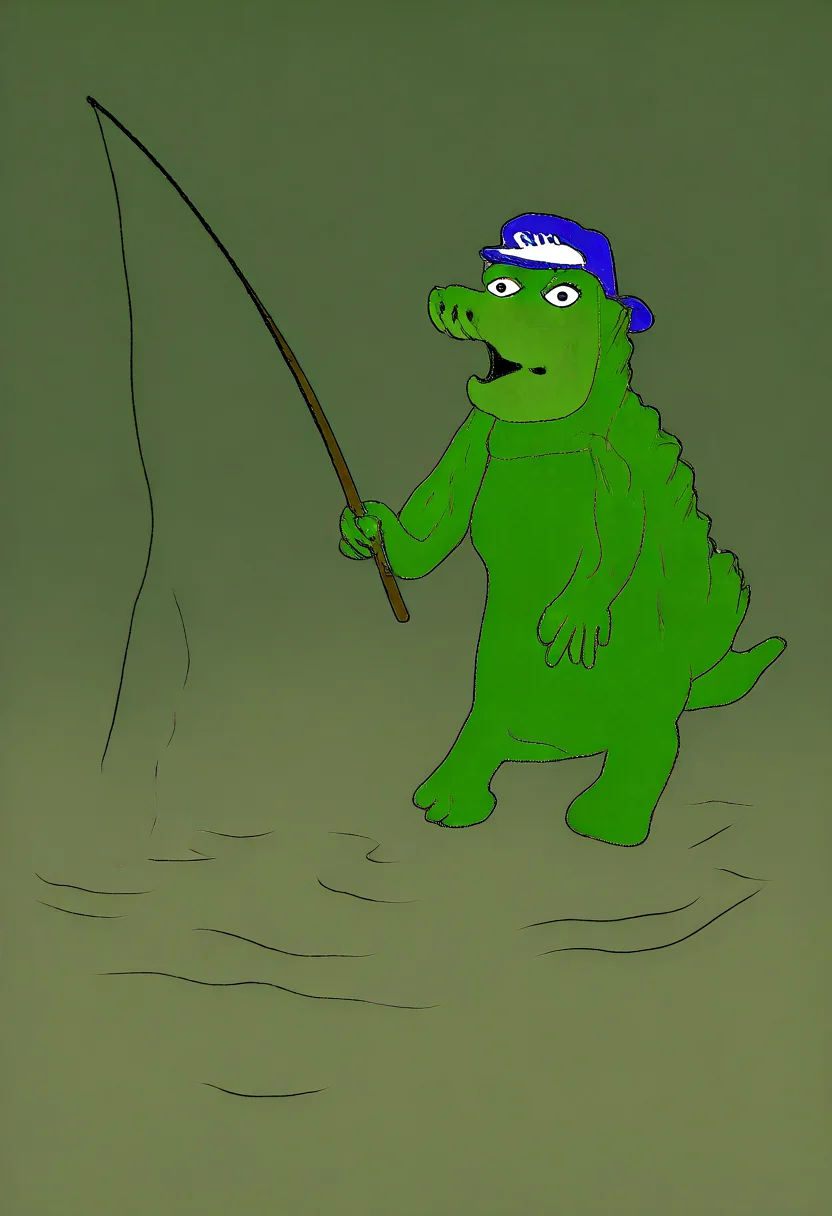 masterpiece, very aesthetic, sbhj, bad quality, worst quality, worst detail, 1boy, solo, crocodile, bara, furry, green scales, scaly skin, muscular, fishing, holding, fishing rod, swamp, baseball cap, black shorts, upper body, portrait