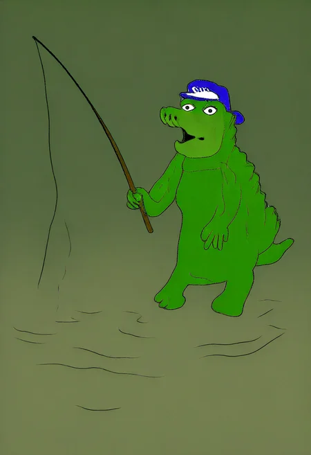 masterpiece, very aesthetic, sbhj, bad quality, worst quality, worst detail, 1boy, solo, crocodile, bara, furry, green scales, scaly skin, muscular, fishing, holding, fishing rod, swamp, baseball cap, black shorts, upper body, portrait
