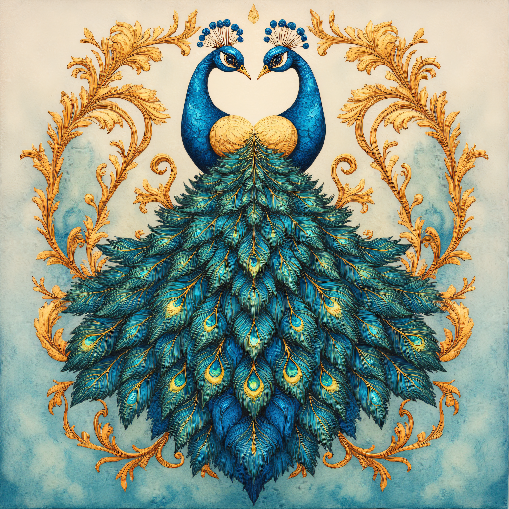 ArsMJStyle, art nouveau,, The image shows a painting of a golden peacock with its tail feathers spread out into a fan of intricate floral patterns in vibrant blues and greens, surrounded by ornate gold filigree. The background is a soft gradient of cream and pale teal., no humans, peacock, feathers, decorative patterns, filigree, gold details, vibrant colors, traditional media, intricate details, ornamental, pastel background