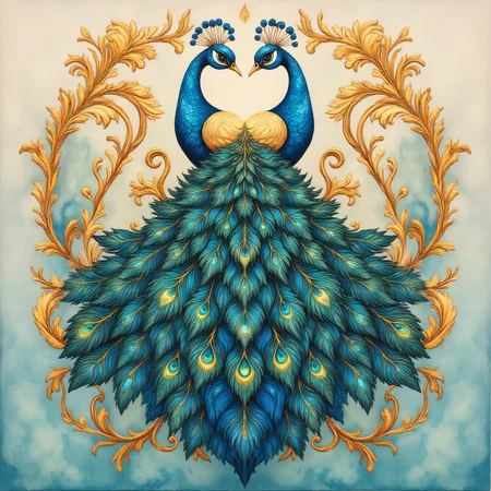 ArsMJStyle, art nouveau,, The image shows a painting of a golden peacock with its tail feathers spread out into a fan of intricate floral patterns in vibrant blues and greens, surrounded by ornate gold filigree. The background is a soft gradient of cream and pale teal., no humans, peacock, feathers, decorative patterns, filigree, gold details, vibrant colors, traditional media, intricate details, ornamental, pastel background