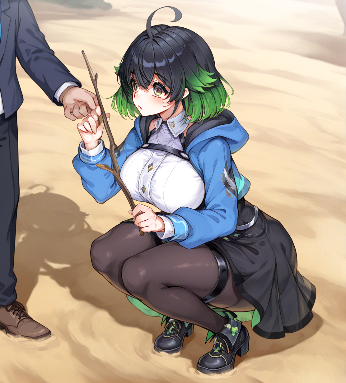 <lora:Mihan:1.3>,1boy, 1girl, kagari tuepesyu, sakuraba chiyo, huge breasts, wide hips, indie virtual youtuber, ahoge, black dress, black footwear, black hair, black legwear, blue jacket, brown footwear, dress, gradient hair, green hair, holding, holding stick, hood, hood down, hooded jacket, jacket, male focus, multicolored hair, pantyhose, sand, shadow, shirt, shoes, solo focus, squatting, standing, stick, white shirt, 
very awa, masterpiece, best quality, highres, absurdes,amazing quality,very aesthetic,intricate details, <lora:hand 5.5:1>