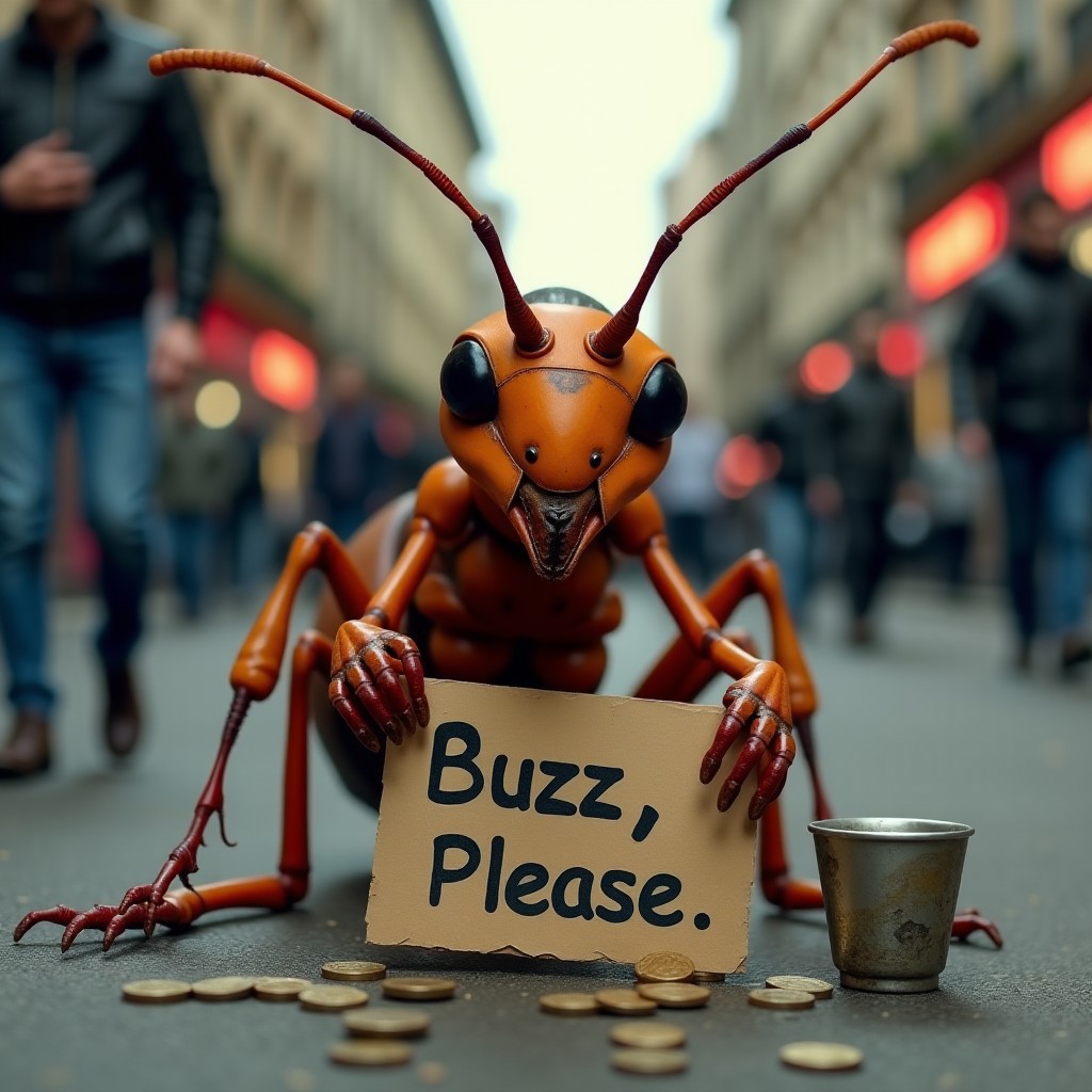 A image of a realistic anthropomorphic giant ant asking for alms, with a sad face and looking down also there is a cardboard sign with an english text on it, the text says “Buzz, Please”, te and is in a middle of crowded street and it’s very dirty, the ants is sitting in the middle of the street with a sign between its legs. The ant is looking down ashamed. Realistic, detailed. Masterpiece, award winning, perfect, very detailed, aesthetic, (the ant is holding a cup on one of its legs where it stores coins, the ant has a antena cut in halve)