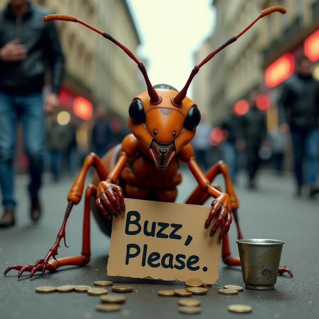 A image of a realistic anthropomorphic giant ant asking for alms, with a sad face and looking down also there is a cardboard sign with an english text on it, the text says “Buzz, Please”, te and is in a middle of crowded street and it’s very dirty, the ants is sitting in the middle of the street with a sign between its legs. The ant is looking down ashamed. Realistic, detailed. Masterpiece, award winning, perfect, very detailed, aesthetic, (the ant is holding a cup on one of its legs where it stores coins, the ant has a antena cut in halve)