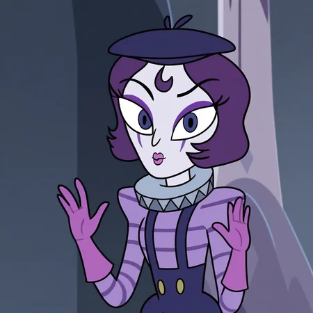 score_9, masterpiece, 1girl, Solo, female focus, Mimegirl_Svtfoe, white face paint, pale cream skin, grayish blue eyes, dark purple hair, short bob haircut, purple eyeliner, purple eyeshadow, pink lipstick, purple beret, purple striped lilac shirt with a ruffled collar, pink gloves, purple suspenders with four gold buttons, dark purple knee-high boots, big eyes, tall stature, standing, cowboy shot, room background, looking at viewer, perfect eyes, detailed eyes