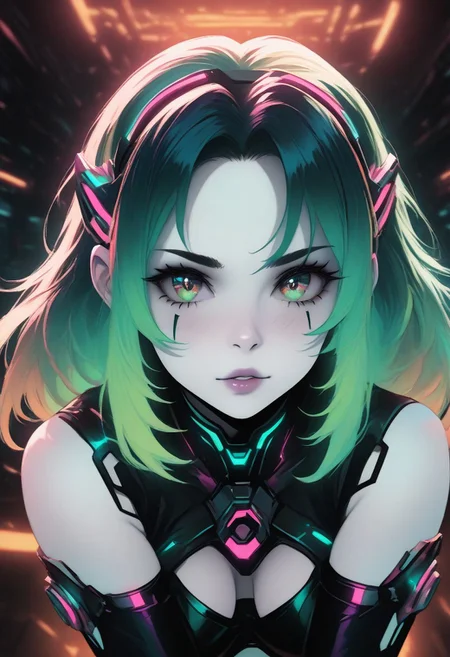1girl, dual tone neon green hair, CatGirlNeonStyle, pale skin, CatGirlStyle, Smooth Quality, dual tone coloring, adult, cybernetic enhancements, noir, !!!