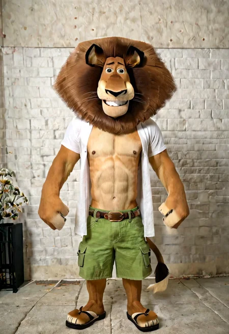 (((AlexLion, solo, 1 boy, young, cartoony proportions, correct anatomy, muscular body, biceps anatomy correct, huge pectorals, huge biceps, six-pack abs, huge muscles, muscular abs, big pecs relief press, extremely beautiful and cute face, perfect face, ultra quality face, 8k eyes, perfect eyes, ultra quality eyes, perfectly detailed blue eyes, white iris with perfectly detailed pupils, ultra quality fur, soft and delicate fur))), (((yard background))), (((wearing blue wide open shirt with short sleeves, (((light green cargo shorts with brown belt, Timberland Sandals))), roasts kebabs on the grill))), (((face focus, kindly smirk, grin, cute smiling))), (((kindly looking at viewer, cutie, radiant, cute, handsome, beautiful, kind, sweety, extremely charismatic, majestic, friendly, simply irresistible, well-mannered, polite, cultural, stunning, attractive, charming, super good looking, hot, sexy, mature, adult, pacifist, calm, gently looking at viewer, face focus, ultra detalization, perfect detalization, outstanding quality, perfectly detailed, ultra HD quality, photorealistic, ultrarealistic, highest resolution, ultra resolution, 4k, 8k, 3D))) (((<lora:Alex_the_Lion_Madagascar_-_Pony_XL:1>)))