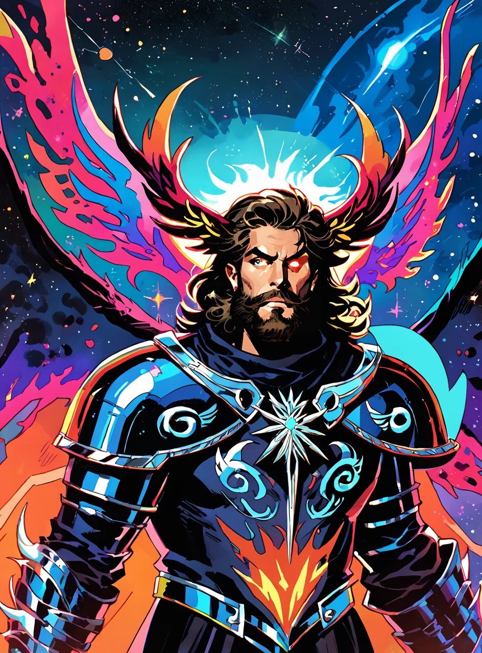 score_9, score_8_up, score_7_up, 1man, sci-fi, otherworldly, space opera, <lora:classcompxl:1>, classcompxl, glowing eye, vibrant color, space god, techno-organic wings, armor, beard, odin,