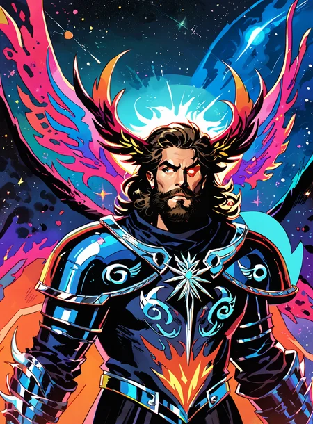 score_9, score_8_up, score_7_up, 1man, sci-fi, otherworldly, space opera, <lora:classcompxl:1>, classcompxl, glowing eye, vibrant color, space god, techno-organic wings, armor, beard, odin,