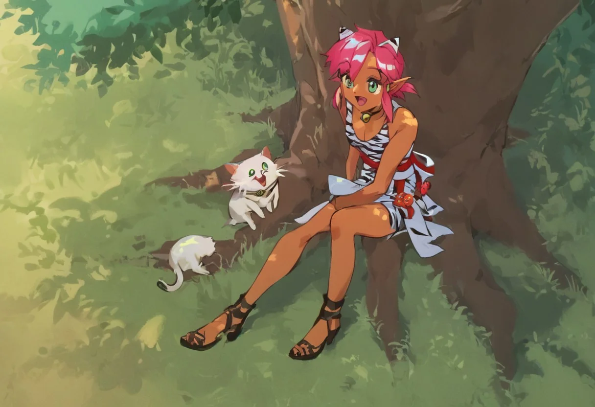 score_9, score_8_up, score_7_up, score_6_up, Masterpiece, source_anime screenshot, duo, 1 girl, 1 boy, vivid colors, retro anime style, high-res, beautiful aesthetic, very intricate, high-quality details, vibrant, highly detailed, award-winning, professional, <lora:pink-ponyxl-v2:1>, open mouth smile, single fang showing, sleeveless dress, white tiger print dress, pelvic curtain, cleavage, white cat ears, cat bell necklace, bright pink hair, tanned, white tiger tail, red sash, small breasts, leather shoes, detailed eyes, green eyes, detailed face, BREAK score_9, score_8_up, score_7_up, score_6_up, Masterpiece, source_anime, 1 girl, 1 boy, vivid colors, anime style, high-res, beautiful aesthetic, very intricate, high-quality details, vibrant, highly detailed, award-winning, professional, <lora:link:0.8> link1, link, soft smile, pointy ears, blonde hair, blue eyes, medium hair, side locks, earrings, short ponytail, blue hylian tunic
Break
Hyrule field, legend_of_zelda, trees, grass, flowers, pink and link feeding each other apples, under a big apple tree, sitting under the tree,