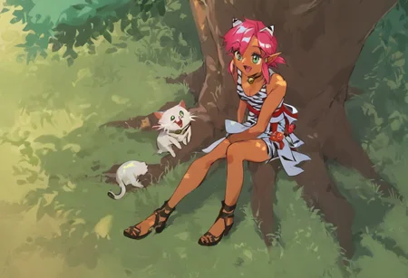 score_9, score_8_up, score_7_up, score_6_up, Masterpiece, source_anime screenshot, duo, 1 girl, 1 boy, vivid colors, retro anime style, high-res, beautiful aesthetic, very intricate, high-quality details, vibrant, highly detailed, award-winning, professional, <lora:pink-ponyxl-v2:1>, open mouth smile, single fang showing, sleeveless dress, white tiger print dress, pelvic curtain, cleavage, white cat ears, cat bell necklace, bright pink hair, tanned, white tiger tail, red sash, small breasts, leather shoes, detailed eyes, green eyes, detailed face, BREAK score_9, score_8_up, score_7_up, score_6_up, Masterpiece, source_anime, 1 girl, 1 boy, vivid colors, anime style, high-res, beautiful aesthetic, very intricate, high-quality details, vibrant, highly detailed, award-winning, professional, <lora:link:0.8> link1, link, soft smile, pointy ears, blonde hair, blue eyes, medium hair, side locks, earrings, short ponytail, blue hylian tunic
Break
Hyrule field, legend_of_zelda, trees, grass, flowers, pink and link feeding each other apples, under a big apple tree, sitting under the tree,