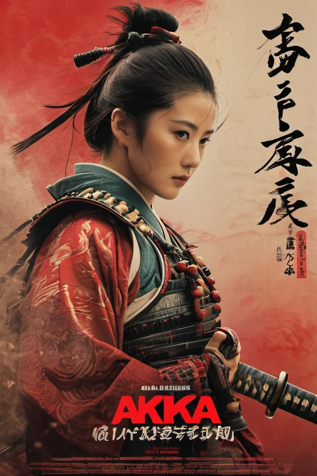 Akira Kurosawa's cinematic style poster,A 28-year-old girl,full body shoot,embodying the spirit of a Samurai from the Warring States Period in Japan. Brightly colored,with a backdrop of war,She wears traditional samurai armor adorned with intricate details,holding a katana with determination,The falling smoke of gunpowder,symbolizing the beauty amidst conflict,Detailed,historical,and with a touch of elegance,cinematic,detailed,style dominated by red,minimalist composition shimmer,edge ligh,<lora:Samurai:0.8>,