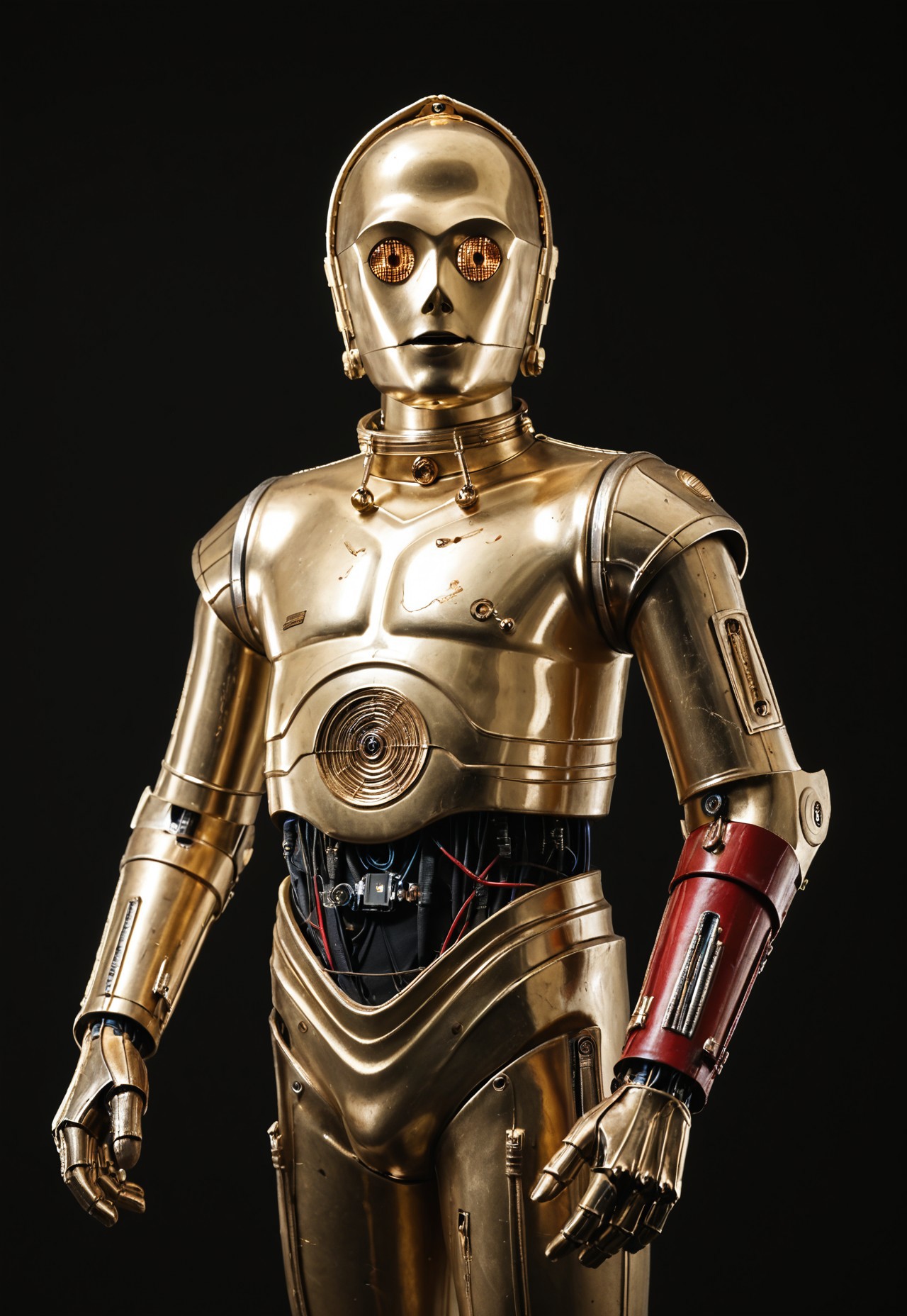 score_9_up, score_8_up, score_7_up, realism, 
1boy, c3po, android, robot male, golden metallic skin, golden eyes, black midriff with wiring, one red arm, solo,standing, arms wide, curious, looking at viewer, standing, cowboy shot, close-up, upper body, 
indoor, in a photostudio, black walls, day time, best quality, dynamic pose, masterpiece, natural lighting, lots of details, high resolution, 8K, colorful, dynamic shot, black background,
