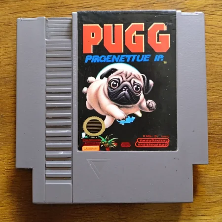 <lora:nes:1> nes, Pug, english text, no humans, solo, parody