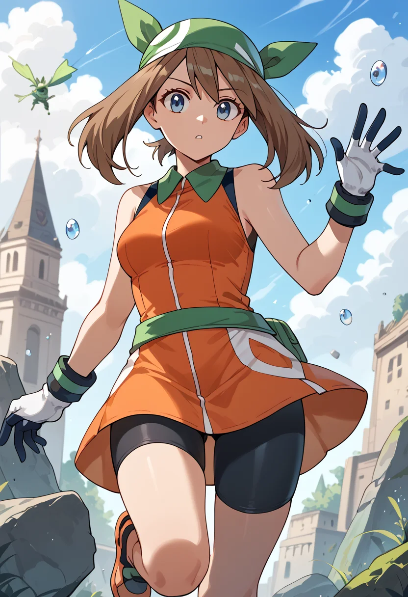 Jumping in a star shape, <lora:MayRSEPony-10:1> May_Esm, brown hair, long hair, hair between eyes, medium hair, blue eyes, green bandana, orange dress, short dress, sleeveless dress, collared dress, bike shorts, black shorts, gloves, white gloves,, score_9, score_8_up, score_7_up, score_6_up, score_5_up, score_4_up,