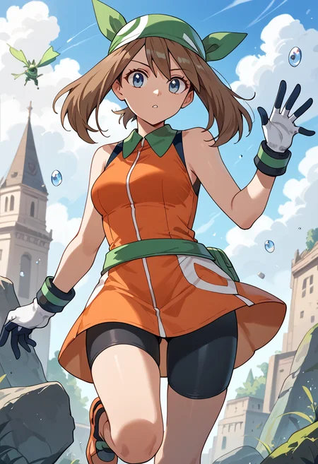 Jumping in a star shape,  <lora:MayRSEPony-10:1> May_Esm, brown hair, long hair, hair between eyes, medium hair, blue eyes, green bandana, orange dress, short dress, sleeveless dress, collared dress, bike shorts, black shorts, gloves, white gloves,, score_9, score_8_up, score_7_up, score_6_up, score_5_up, score_4_up,