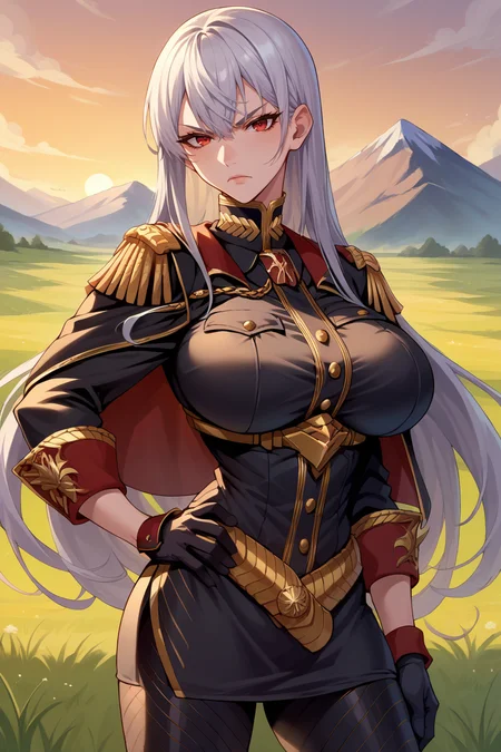 score_9, score_8_up, score_7_up, score_6_up, source_anime, BREAK 1girl, <lora:selvaria-pdxl-nvwls-v1-000005:1> selvaria, very long hair, black shirt, black capelet, epaulettes, belt, black leggings, detached sleeves, black gloves, large breasts, field, sunset, mountains, looking at you, serious, hand on hip