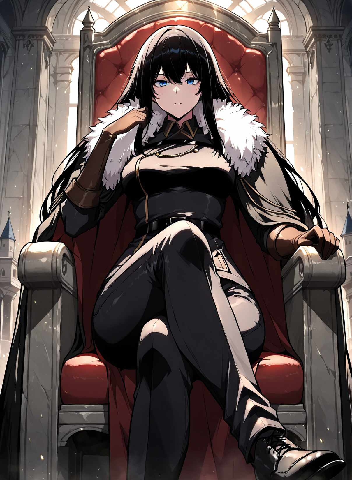 <lora:Karina_Dragonia__The_Knight_King_Who_Returned_with_a_God__Illustrious:1>
1 girl, solo, blue eyes, long hair, black hair, loose hair, hair between the eyes, bangs, sidelocks,
black jacket, black uniform, black gloves, uniform, black cape, black shoes, black pants, jacket, elbow gloves, belt, brown gloves, fur-trimmed cape, 
(Anime_source),Masterpiece,(perfect female body:1.2), small waist,(incredibly detailed:1.4), slim, beautiful fingers, parted lips, looking at viewer, sitting on throne, crossed legs, castle room background