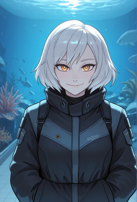 (masterpiece, best quality, very aesthetic, absurdres:1.2), 1girl, science fiction, aquarium, pale skin, white hair, straight-on, jacket, looking at viewer, smile, <lora:derpixon_style_illustrious_v1:1> derpxstyle, sketch