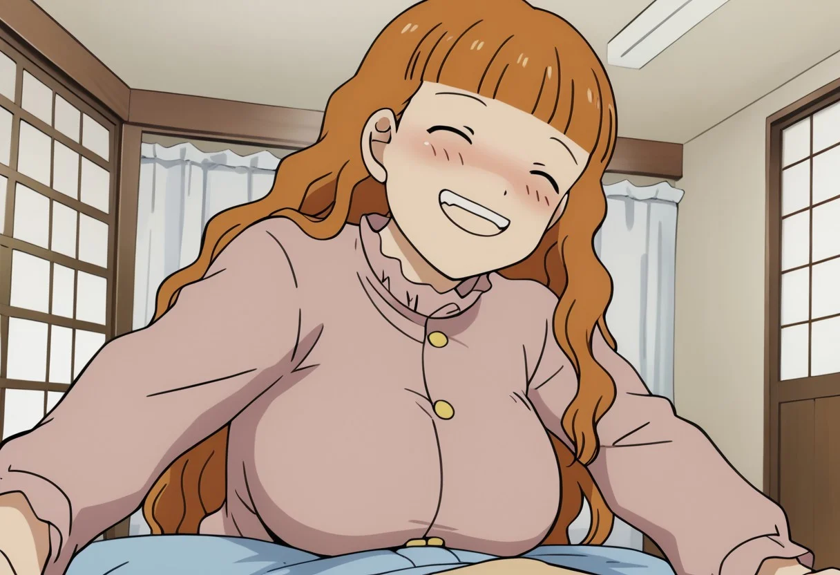 score_9, score_8_up, score_7_up BREAK Hanabatake, 1girl, long wavy orange hair, blunt bangs, closed eyes, smiling, happy, busty, big breasts, curvy, anime, source_anime, japanese bedroom indoors, fucked silly,