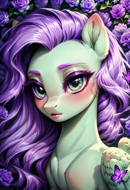 masterpiece, score_9, score_8_up, score_7_up, score_6_up, (best quality:1.1), ultra-detailed, high resolution, (ANTHOR), (ANTHROPOMORPHIC), (Feral pony), (SOLO), (1WOMEN), (PEGASUS), ((LAVENDER TEA)), (highly detailed pony face:1.5), (pony nuzzle), (beautiful detailed pale green shiny eyes), (long detailed eyelashes:1.3), (soft blush:1.5), (shiny soft lips:1.2), (detailed extremely long pastel purple hair:1.9), (light purple hair:1.7), (pale purple flowers:1.5), (detailed pastel green fur:1.5), (shy expression:1.3), ((pastel purple flowers and butterflies background:1.7)), (laying down on purple bed), (pastel purple butterflies:1.5), (flat chest:1.2), (skinny figure:1.1), (open wings), high quality, sharp, the quality of ai art is frightening, highly detailed, Highly Visible, sharp focus, high detail, detailed background,